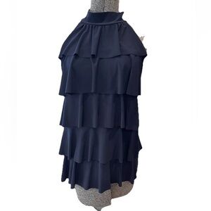 Saint Tropez West navy blue ruffle sleeveless blouse-ladies size large-EUC-drape